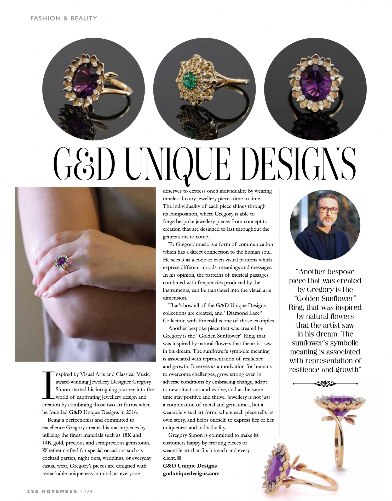 Handcrafted Luxury Jewelry by G&D Unique Designs — Emerald Diamond Lace Ring in 18k Gold, Golden Sunflower Ring in  LIfe Magazines, London Edition