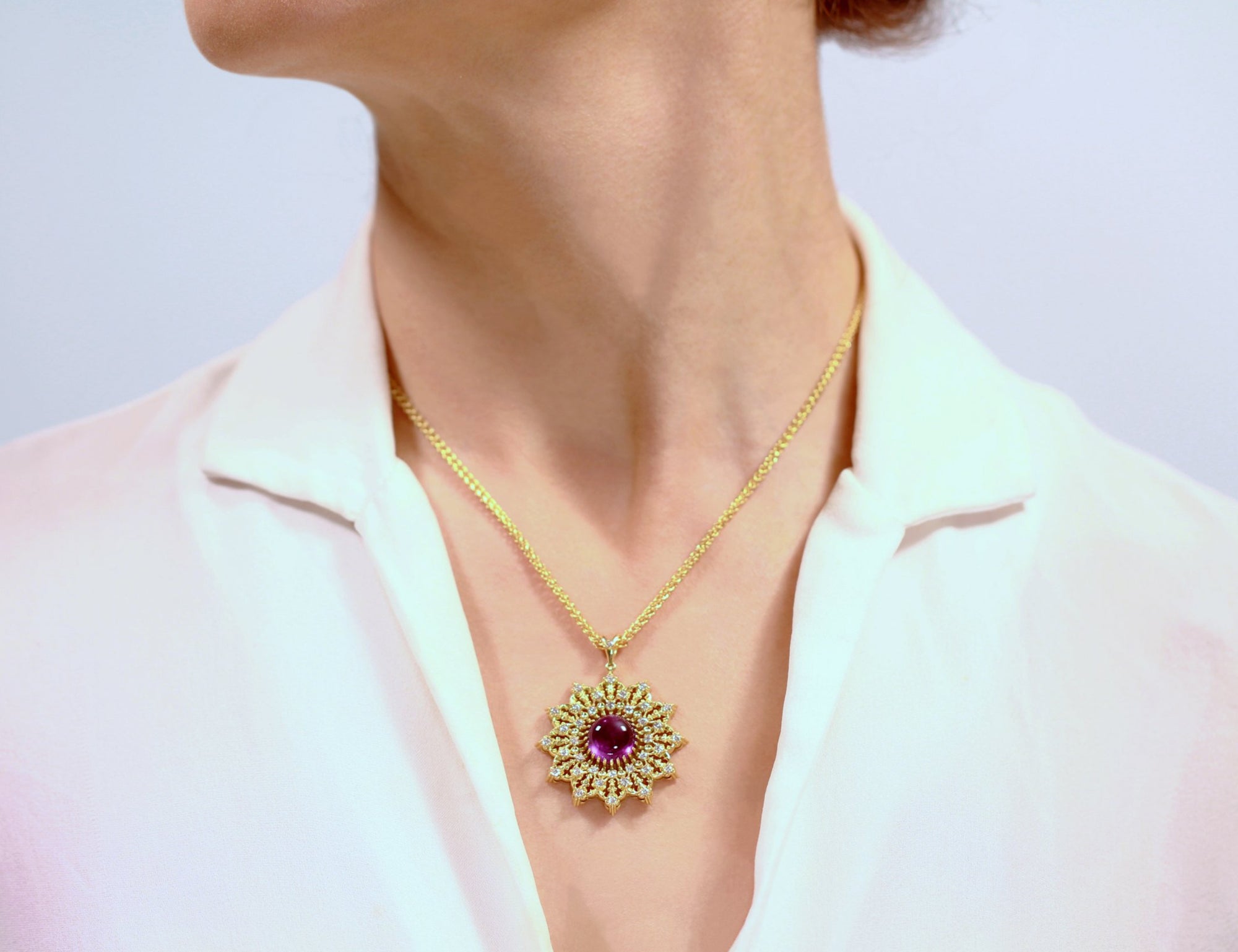 18K Gold Vintage Amethyst Statement Pendant with Diamonds