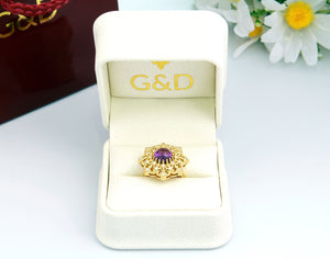 Amethyst Diamond 18K Gols Statement cocktail ring in a box, G&D unique designs jewelry