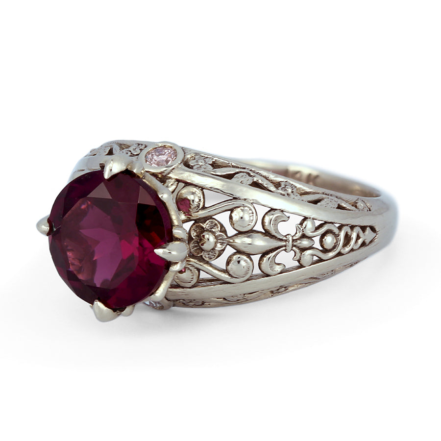 14k 18k white gold vintage diamond engagement ring with garnet