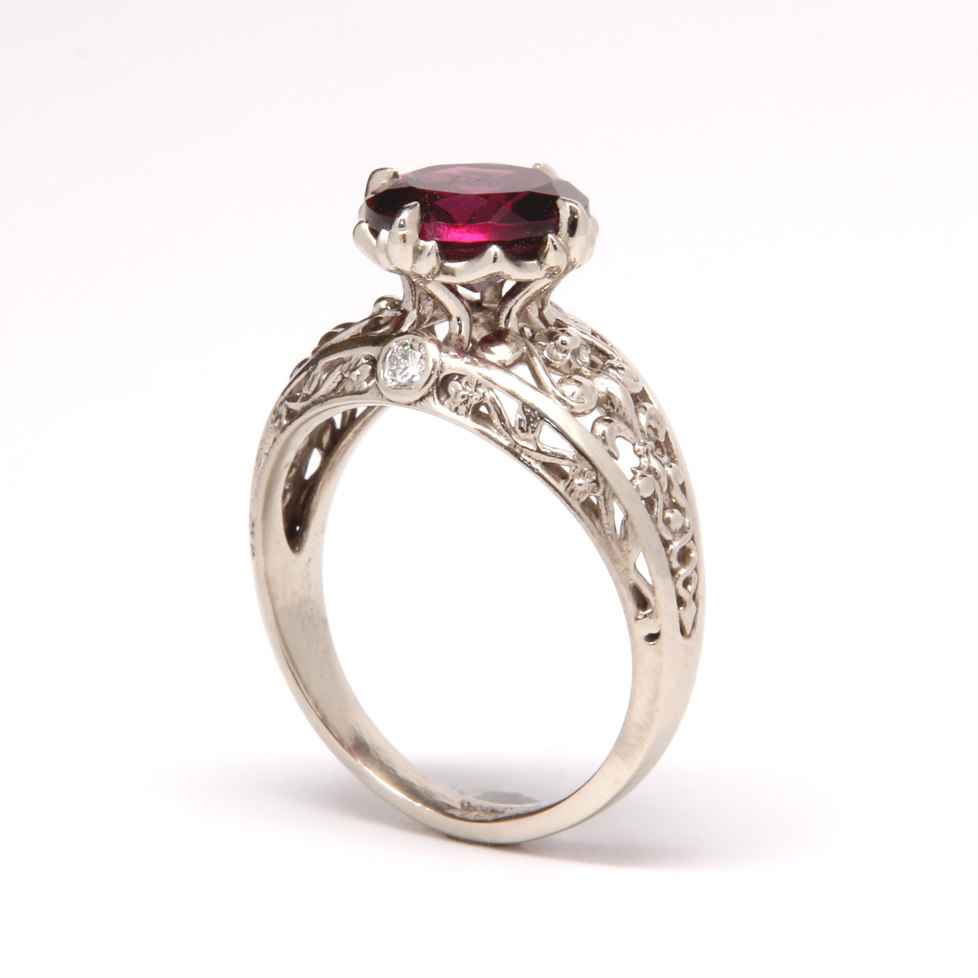 Vintage Fleur de Lis Engagement Ring with Diamonds Garnet 14k Gold