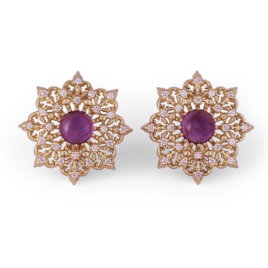 "Amethyst Star" Button Earrings in 18K Yellow Gold with Diamonds