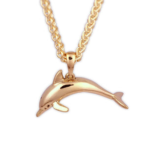 Gold Dolphin Pendant ocean jewelry, solid yellow gold 3d dolphin pendant on a chain