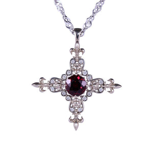 Fleur de lis Garnet Diamond Cross Pendant 