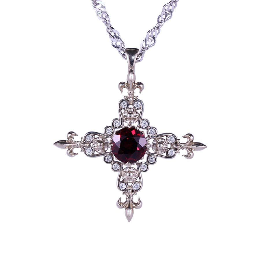 Fleur de lis Garnet Diamond Cross Pendant
