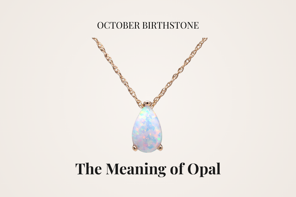 Opal birthstone drop necklace in 18K gold on light background with G&D branding | October birthstone meaning