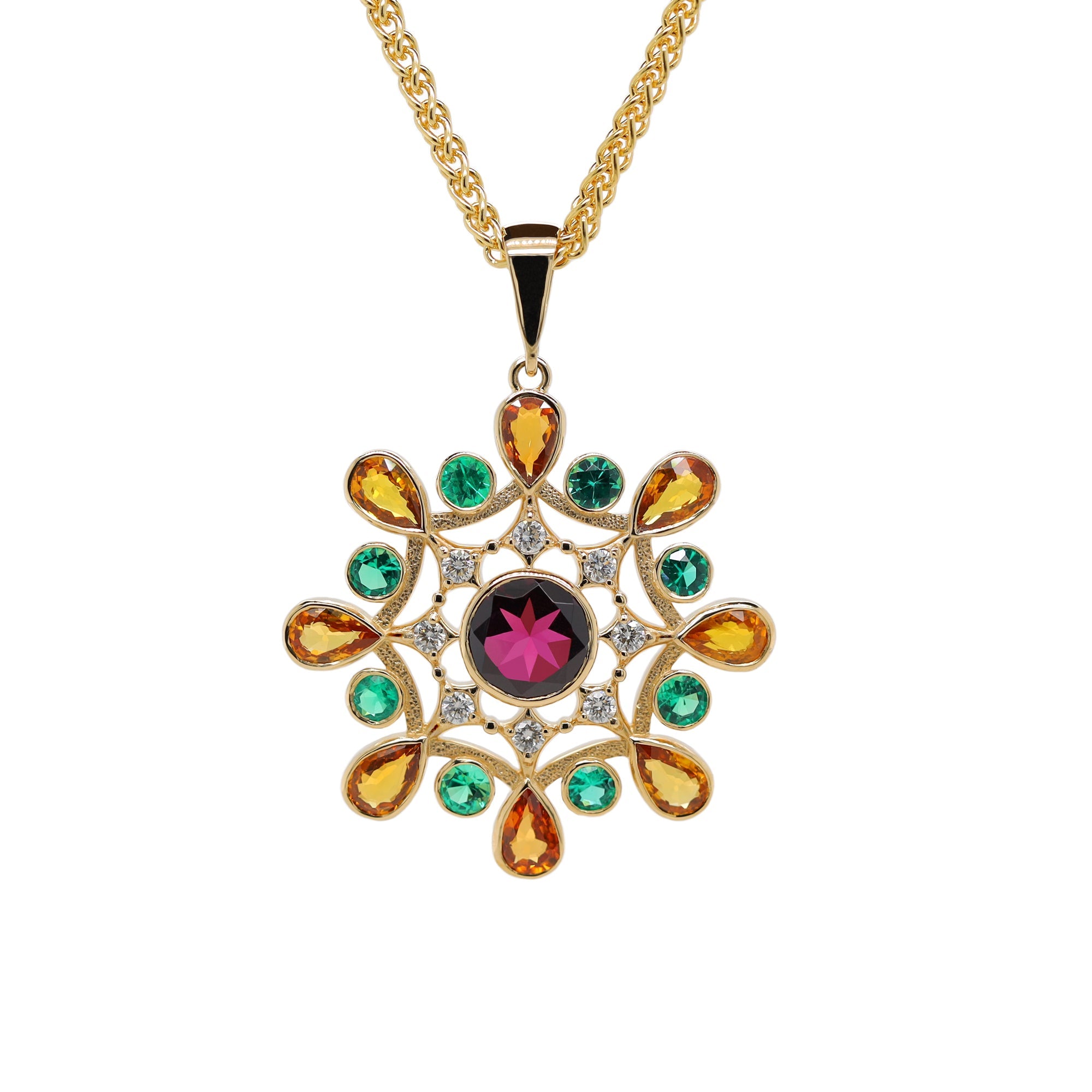 Bouquet D’Été hand-engraved 18K gold pendant with sapphire, diamond, and garnet — contemporary French floral luxury jewelry by Gregory Simonov.