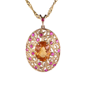 Citrine Sapphires Hand Engraved Yellow Gold Pendant