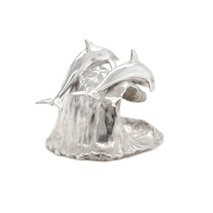 Dolphins on waive art Sculpture in Sterling Silver for Collectors
