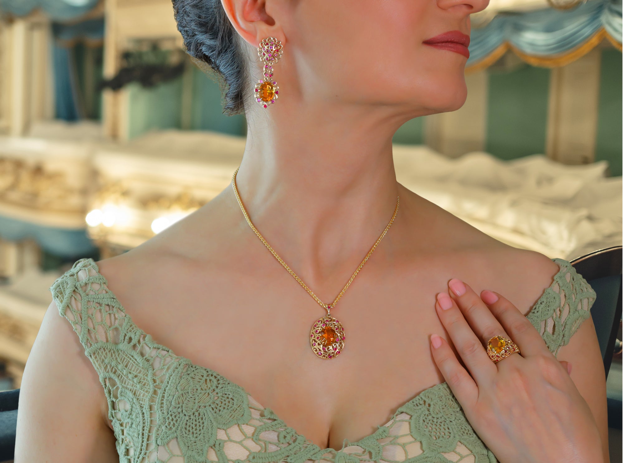 "Opera" Citrine and Pink Rubies Statement Pendant in Yellow Gold