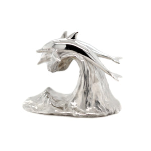 Silver Art sculpture of Dolphins on waive