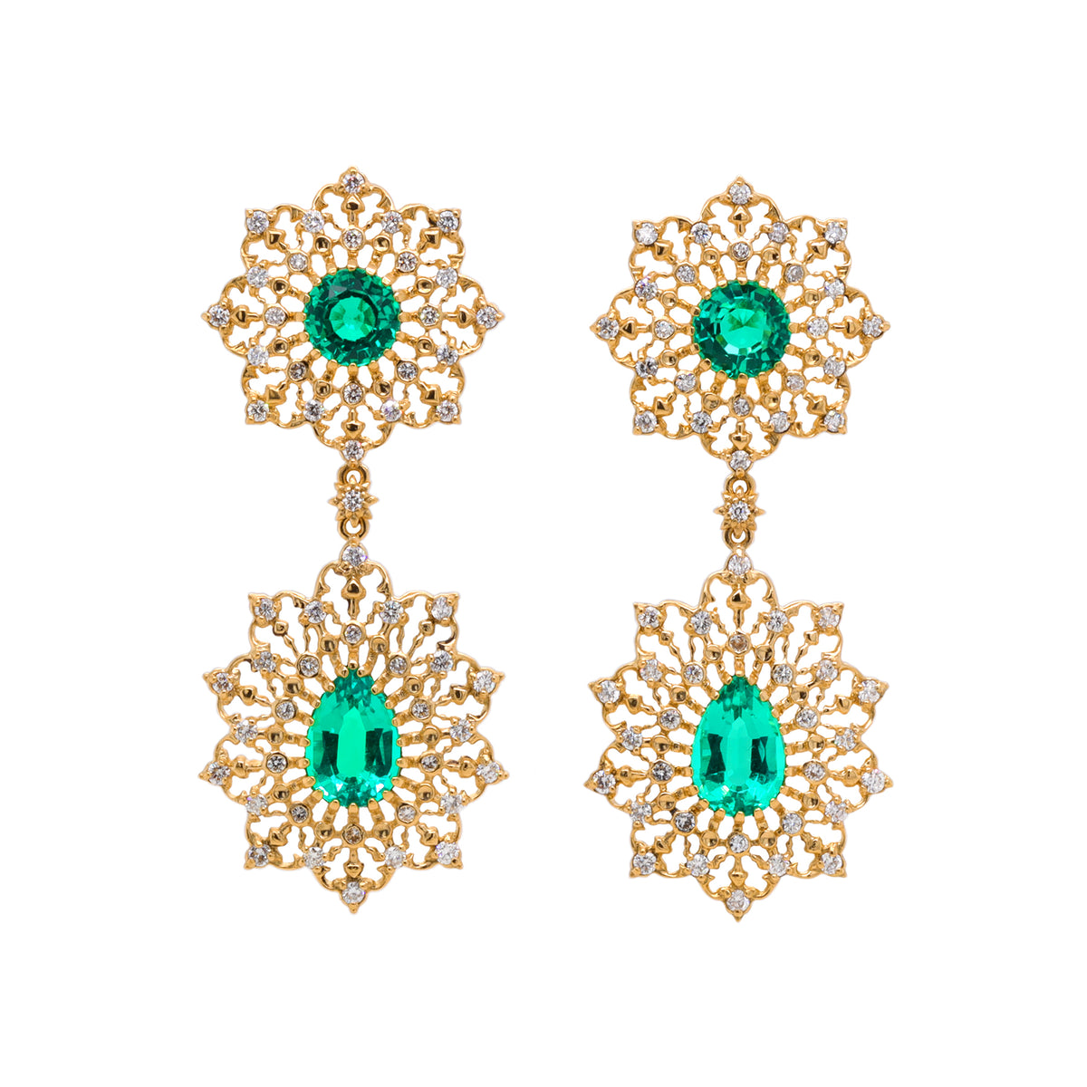 Diamond Lace Emerald Earrings in 18K yellow gold with Colombian emeralds and natural diamond halos, handcrafted by Gregory Simonov.