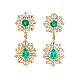 Diamond Lace Emerald Earrings in 18K yellow gold with Colombian emeralds and natural diamond halos, handcrafted by Gregory Simonov.