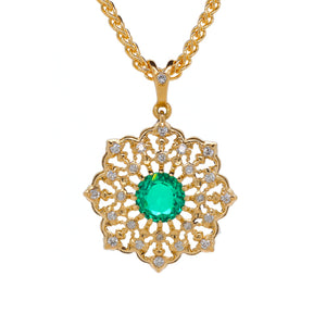 Diamond Lace emerald pendant in 18K yellow gold with lab-grown Colombian emerald and natural diamonds, handcrafted by Gregory Simonov.