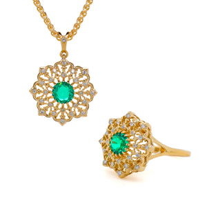 Diamond Lace emerald ring and side profile of pendant in 18K yellow gold with lab-grown Colombian emerald and natural diamonds, handcrafted by Gregory Simonov.