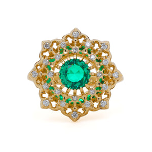 Diamond Lace Emerald Ring in 18K yellow gold with Colombian emerald and natural diamond halo in openwork floral design.