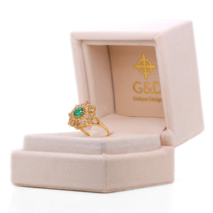 Diamond Lace Emerald Ring in 18K yellow gold with Colombian emerald and diamonds, presented in a G&D Unique Designs luxury velvet gift box.