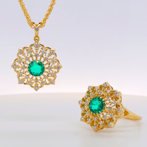 18K Emerald pendant and ring set with diamonds by G&D Unique Designs