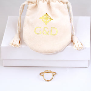 Karma open circle ring in Sterling Silver with a gift pouch representation by G&D Unique Designs