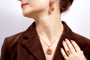 Gold Citrine Cocktail Ring Earrings Pendant Set with Pink Sapphires