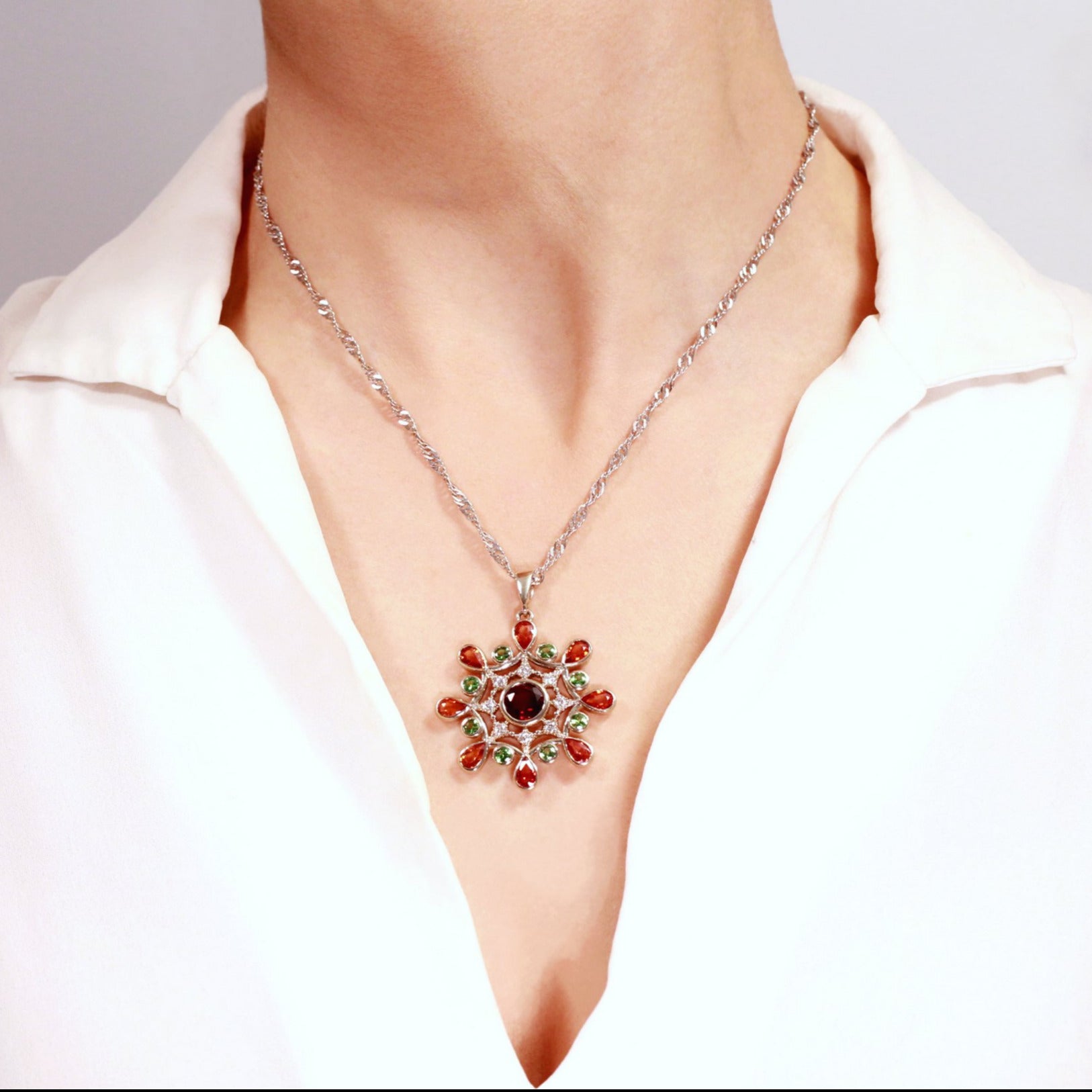 Cocktail White Gold Diamond Pendant Sapphires Rhodolite Garnet Tsaviorites