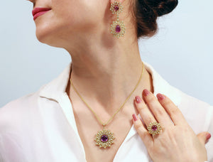 18k yellow gold amethyst diamond cocktail ring earrings pendant