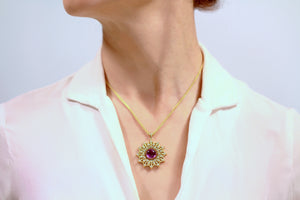 18K yellow Gold 16 inch spiga chain and amethyst pendant
