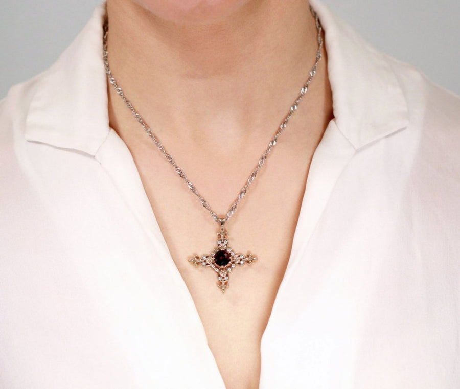 Fleur de lis Garnet Diamond Cross Pendant 