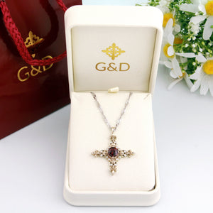 14k solid white gold diamond garnet cross statement pendant in G&D Gift Box