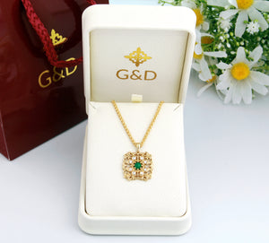 Art Deco Nouveau Emerald Diamonds Pendant in 14K Gold