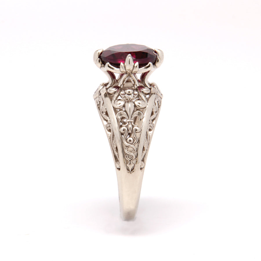 Vintage Fleur de Lis Engagement Ring with Diamonds Garnet 14k Gold
