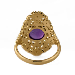 18K Solid Yellow Gold Ring with Amethyst and Diamonds