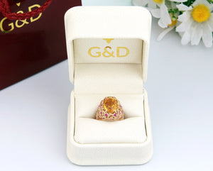 14K 18K Yellow Gold Handengraved luxury statement cocktail citrine and rubies ring in a gift box
