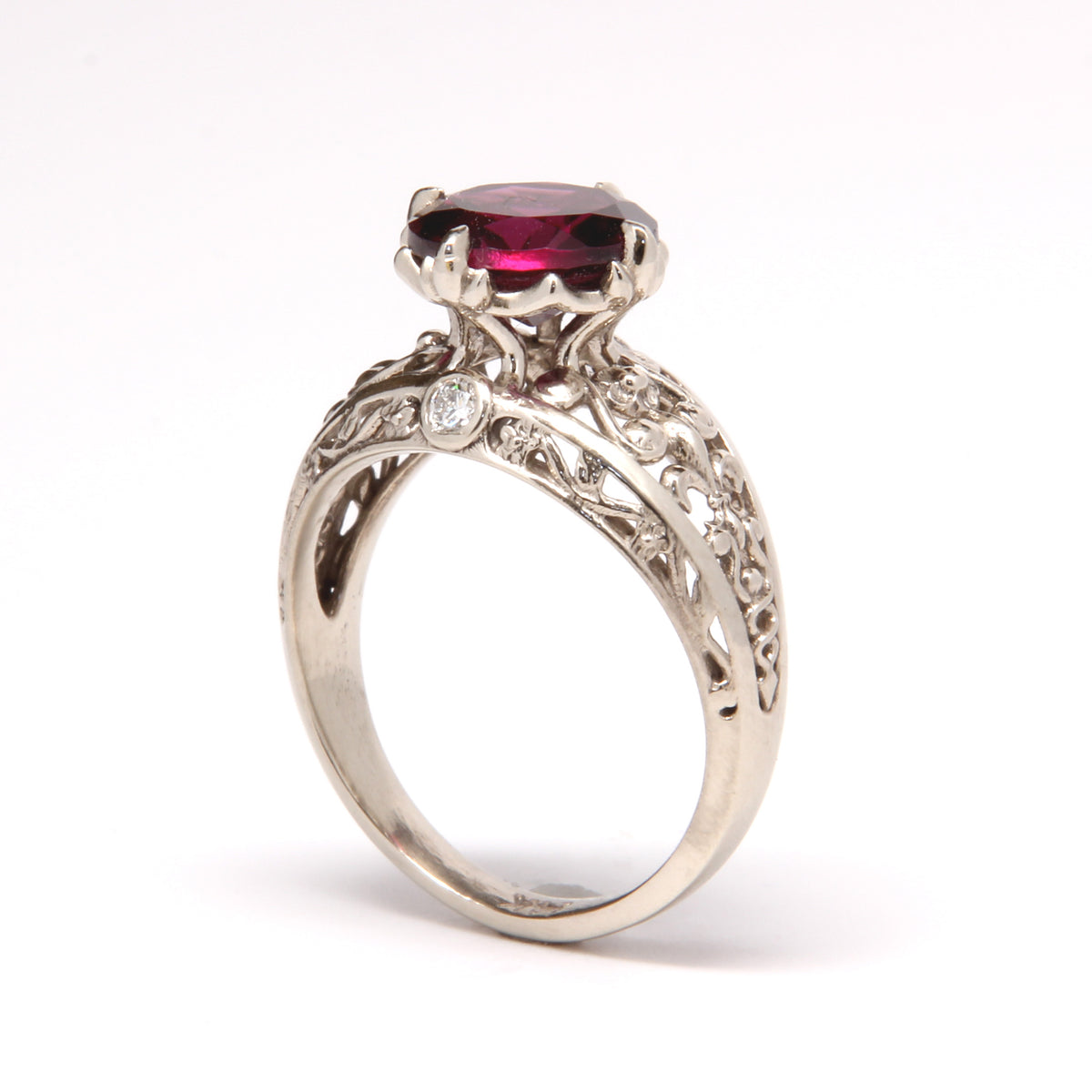 Vintage Fleur de Lis Engagement Ring with Diamonds Garnet 14k Gold