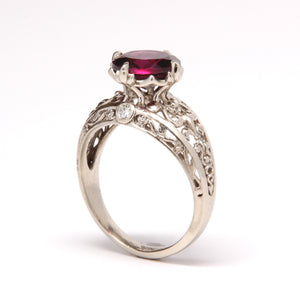 Vintage Fleur de Lis Engagement Ring with Diamonds Garnet 14k Gold