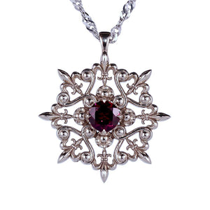 14k white gold garnet statement pendant with fleurdelis ornaments, january birthday gift