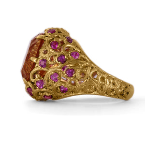 vintage citrine ring in yellow gold with pink rubies